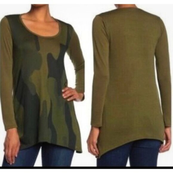 GO Couture XL Nordstrom‎ Rack Olive Camo Long Sleeve Tunic Top Stretch Women's - Picture 1 of 9